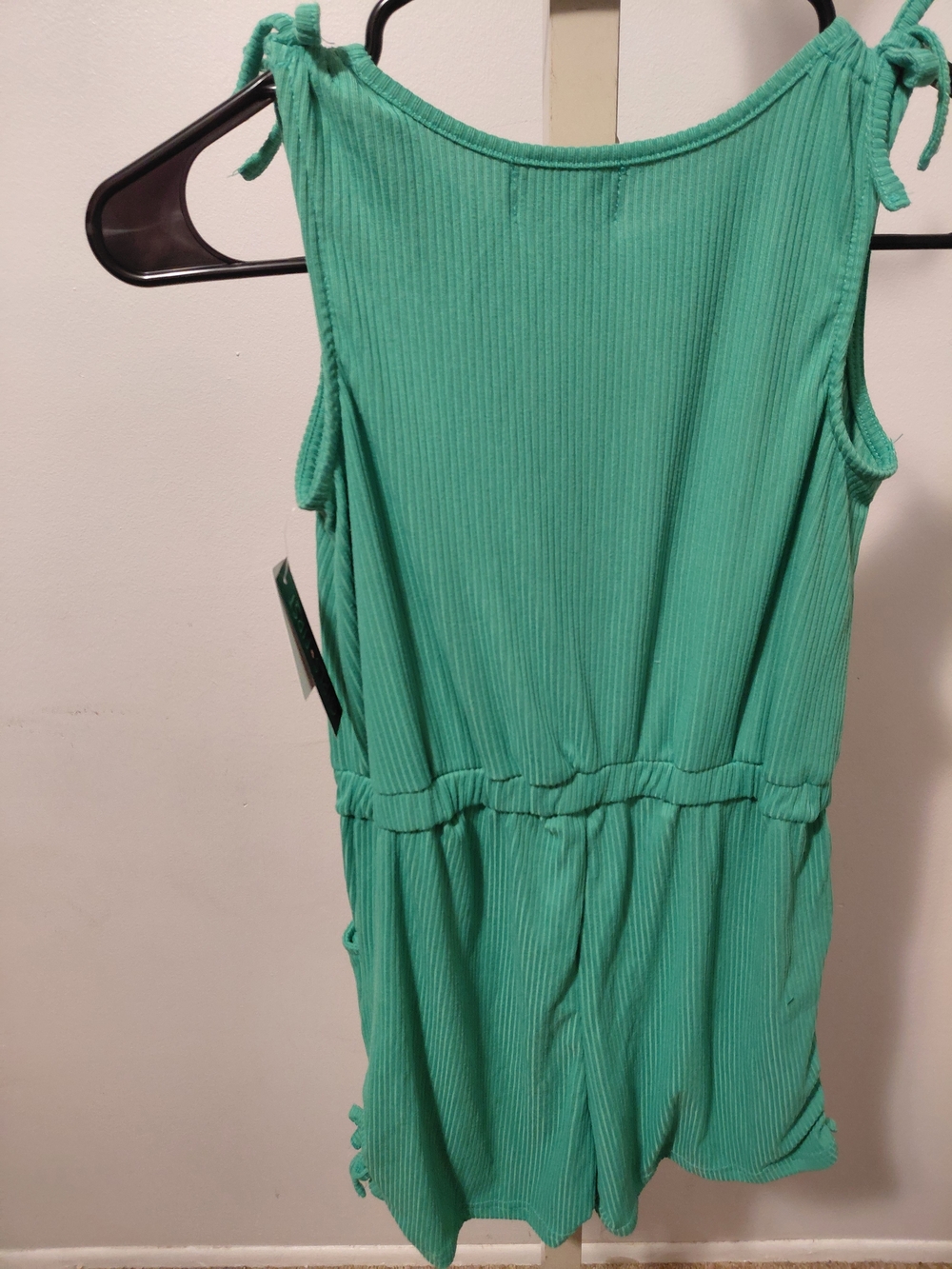Girls' Mint Green Ribbed Tie-Shoulder Romper